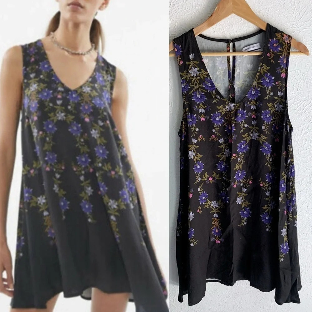 Urban Outfitters Floral Swing Dress Black Sleeveless Sz Medium